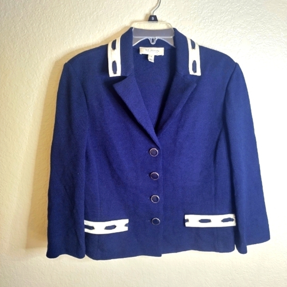 ST.JOHN COLLECTION NAVY WHITE SANTANA KNIT BLAZER JACKET sz 14